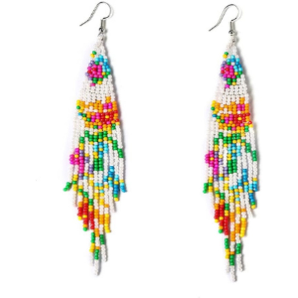 Long Beaded Tassel Earrings – Native Handmade Big Beaded Flower Bohemian